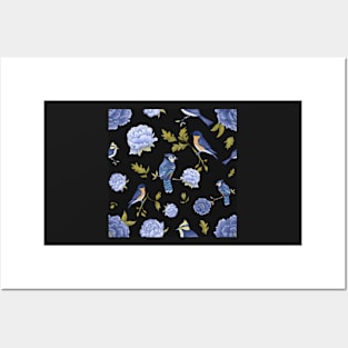 Peonies and blue birds on black backdrop Posters and Art